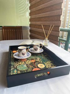 Rectangular Wood Serving Tray Handpainted Bohemian Plant Pattern Black Frame Decorative Tray for Home Use - Product Image 1
