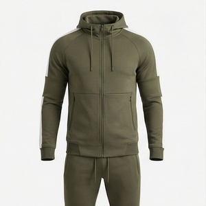 Survêtement à capuche vert olive pour homme, sweat-shirt sportif à fermeture éclair intégrale avec poches latérales, matière respirante en polyester et élasthanne, automne - Product Image 1
