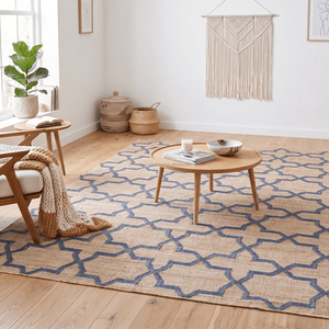 Tapis d'appoint en jute tissé à la main bleu marocain pour salon, style côtier contemporain et nordique - Product Image 1