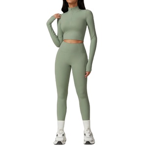 <b>Women's</b> Solid Yoga Set 2-Piece Workout Sportswear-High Waist <b>Leggings</b> Long Sleeve <b>Crop</b> Top Gym Fitness Clothing Sports Suits - Product Image 2