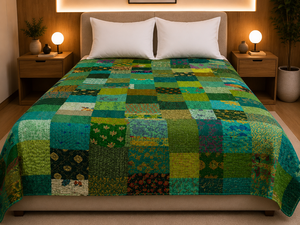 Couvre-lit bohème vintage en coton patchwork réversible, lavable, écologique, taille Queen, fait main, textile indien du Rajasthan - Product Image 1