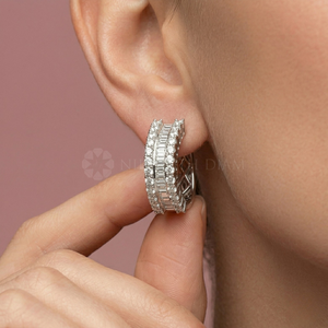 Baguette exquise et boucles d'oreilles créoles rondes en diamant cultivé en laboratoire en or massif 10K 14K 18K boucles d'oreilles en diamant étincelant cadeau pour elle - Product Image 3