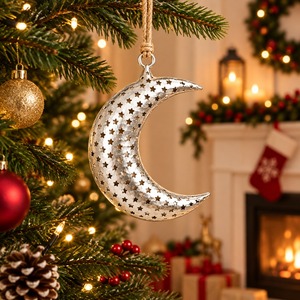 Ornement suspendu en forme de lune en métal argenté avec découpes en forme d'étoile, décoration de style vintage, décoration pour arbre de Noël - Product Image 2
