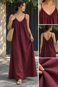 Robe longue décontractée en coton uni bordeaux à col en V et bretelles spaghetti, taille naturelle, très demandée pour les vacances, commande en gros - Product Image 6