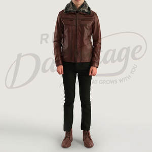 Veste en cuir véritable marron de qualité supérieure pour homme avec col en fausse fourrure grise, coupe ajustée, veste d'hiver rembourrée, manteau bomber - Product Image 3