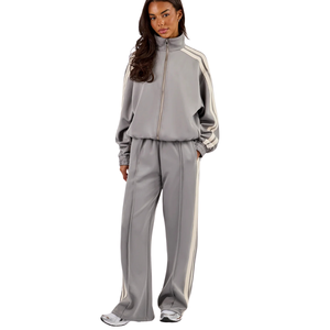 Women Oversized Full <b>Zip</b> Tracksuit Set Stand Collar Sweatshirt <b>Side</b> Stripe Wide Leg <b>Trousers</b> Relaxed Two Piece Streetwear Outfit - Product Image 1