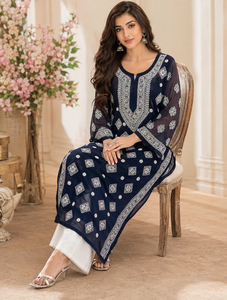 Best Selling Navy Blue Georgette <b>Chikankari</b> Embroidered Straight Kurti for Women Traditional Lucknowi Ethnic Wear Wholesale - Product Image 2