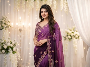 <b>Purple</b> Embroidered Silk <b>Saree</b> for Women Traditional Wedding Wear Floor-Length Regular Fit Indian Pakistani Style Sun Protection - Product Image 5