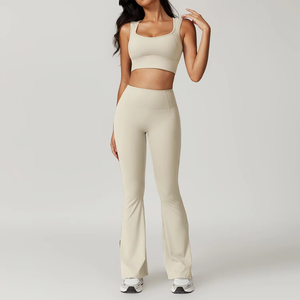 Ensemble de yoga d'été pour femme, taille haute, écologique, respirant, séchage rapide, sans couture, en spandex, 2 pièces, col en V, bretelles ajustables, dos ajusté - Product Image 2