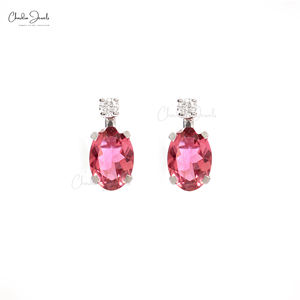 Boucles d'oreilles clous ovales en tourmaline rose naturelle 7x5mm, or blanc 14 carats avec accent de diamant, délicates, à deux pierres, pour mariée, pierre de naissance d'octobre - Product Image 2
