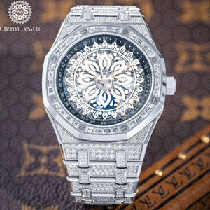Charm Jewells Men's Luxury Stainless Steel <b>Mechanical</b> <b>Watch</b> Polygon Case Analog Dial Diamond Encrusted Bracelet 43mm - Product Image 1