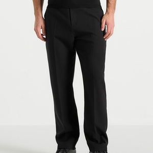 Pantalones Casuales Negros de Pierna Recta para Hombre, Algodón de Peso Medio, Antiarrugas, Frente Plano, Cintura Elástica, Bolsillos Laterales, para Invierno/Primavera - Product Image 1