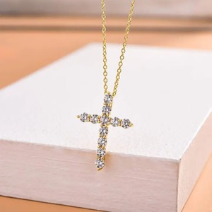 Nouveau design, collier pendentif croix en argent sterling 925 avec moissanite, pour femmes, chaîne à maillons plaquée or blanc et jaune 18 carats - Product Image 2