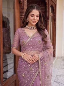 Sari Antra Lifestyle con Borde de Perlas y Lentejuelas Florales en Cuadrícula, 7 Colores - Estilo Bollywood, Absorbe la Humedad, Materiales Reciclados - Product Image 2