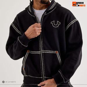 Men's <b>Black</b> Hooded Zip-Up <b>Sweatshirt</b> With White Stitching And Embroidered Logo Casual French Terry Fleece Outerwear Autumn Wear - Product Image 3