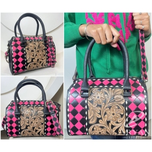 Medium Speedy <b>Bag</b> Hand Tooled Genuine Leather Shoulder Handbag with Checkered Design <b>Crossbody</b> Purse for Daily Travel Duffel <b>Bag</b> - Product Image 1