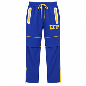 Pantalones Deportivos Azul Rey con Bordado de Letras Griegas Doradas, Cintura con Cordón Amarillo, Bolsillos con Cremallera, Pierna Recta, Estilo Atlético - Product Image 3