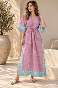 Pink Floral Print Bohemian <b>Kaftan</b> <b>for</b> <b>Women</b> Turquoise Border V-neck Maxi Dress Drawstring Waist All Seasons Resort Wear 100% - Product Image 4
