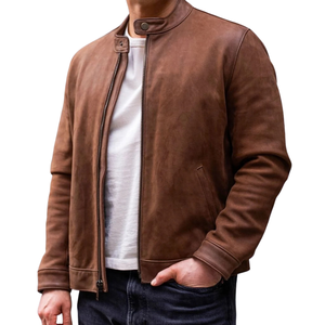<b>Mens</b> Brown Genuine <b>Suede</b> Leather Streetwear <b>Jacket</b> Stand Collar Zip Front Slimfit Minimalist Premium Casual OEM Winter Outerwear - Product Image 1