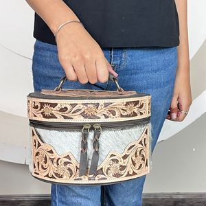 Latest New Arrival Cowhide Jewelry <b>Box</b> Set Floral Design Tooled Leather <b>Makeup</b> Organizer Travel Vanity Case Gift Storage <b>Box</b> Set - Product Image 5