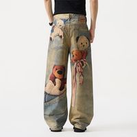 Jeans à jambes larges pour hommes avec appliques ours en peluche, taille haute, en coton délavé, style vintage