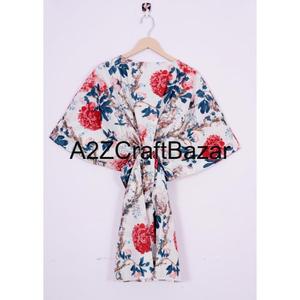 Kaftan court en coton pour femme, écologique, motif floral, robe de plage mi-longue, col en V, manches courtes, taille naturelle, moulante, à volants et pompons - Product Image 5