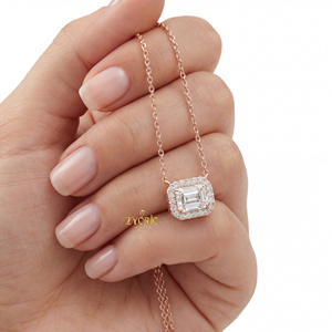Rose Gold Emerald Cut Halo Diamond Pendant Sterling Silver Gold Plated Link Chain Engagement & Wedding Luxury <b>Jewelry</b> - Product Image 4