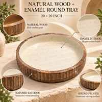 Plateau de service rond en bois naturel émaillé |   Plateau de table décoratif en bois texturé crème pour la maison et la cuisine, idéal comme cadeau