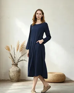 Robe midi élégante en coton et lin bleu marine, manches longues, col rond, style bohème, coupe ample, décontractée, à porter au quotidien - Product Image 4