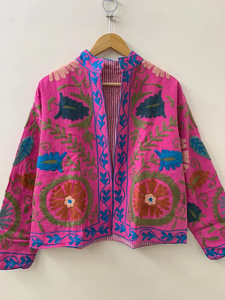 Chaqueta de Algodón Morado Hecha a Mano, Cuello Mao Elegante, Mangas Largas, Frente Abierto, Estilo Étnico, Otoño Invierno - Product Image 3