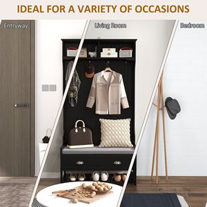 Black Hall Tree Organizer with 4 Hooks and 2 Drawers Coat Rack and <b>Padded</b> <b>Bench</b> for Home Entryway Furniture - Product Image 6