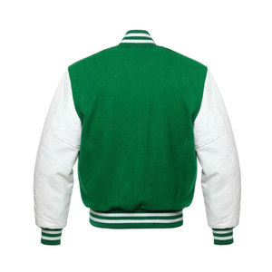 Veste de baseball pour homme, verte, style varsity, avec manches en cuir blanc, col montant et blocs de couleur - Product Image 3