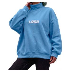 Sweat-shirt col roulé léger surdimensionné personnalisé pour femme, imprimé lettres bleues, 100 % coton tricoté, tenue décontractée d'automne - Product Image 1