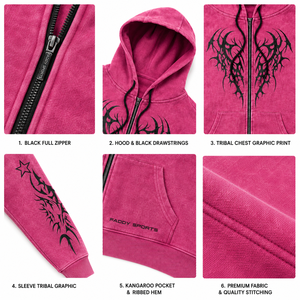 Sudadera Rosa Personalizada Vintage Y2K con Lavado Ácido, Cremallera Completa, Gráfico Tribal Gótico, Oversize, de Algodón Pesado, Estilo Urbano - Product Image 3