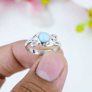Handmade Genuine Larimar <b>Ring</b> <b>925</b> Solid Sterling <b>Silver</b> Round Stone Natural Gemstone Jewelry For Women Gift - Product Image 1