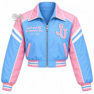 Veste bomber courte personnalisée JJOA Jack and Jill of America pour femme, bleu ciel et rose, brodée, zippée, vente en gros - Product Image 1