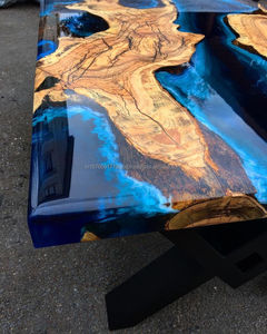 Modern Live Edge <b>Resin</b> Dining <b>Table</b> with Blue <b>Epoxy</b> Top Handmade Rectangle Farmhouse 6 Seater Home Furniture - Product Image 4
