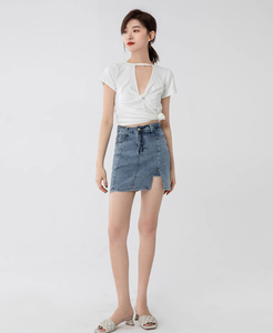 Jupe en jean bleu foncé mi-longue coupe ample avec ceinture et boutons, style décontracté automne, vente en gros pour filles et femmes - Product Image 3