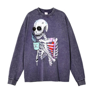 Unisex Purple Crew Neck Long Sleeve Sweatshirt Printed <b>Skeleton</b> Holding Cup Front Loose Fit All Seasons 100% Cotton - Product Image 5