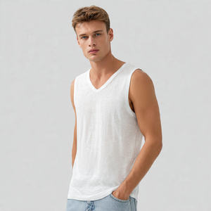 เสื้อกล้ามคอวี OEM สำหรับผู้ชาย ผ้าฝ้ายโพลีเอสเตอร์ 100% เสื้อกล้ามทรงเข้ารูปสำหรับออกกำลังกาย เสื้อยืดคอวีผู้ชาย - Product Image 6