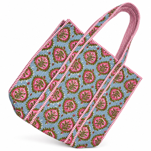 Handmade Kantha Quilted Tote <b>Bag</b> with Geometric Print <b>Fabric</b> Back Zip Striped Handles for Shopping Travel Everyday Use & Gifting - Product Image 1