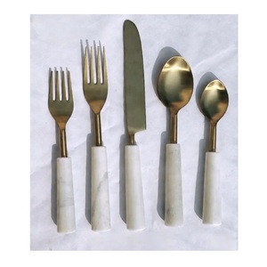 Premium Gold Plated Eco-Friendly Resin Handle Stainless Steel Flatware <b>Set</b> of 5 for Party Use Dinnerware <b>Spoon</b> <b>Fork</b> Knife - Product Image 3