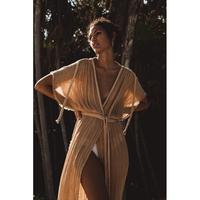 Kaftan élégant et sexy style bohème, col en V, sans manches, écoresponsable, couleur unie, épaules tombantes, superposition transparente, décontracté d'été, longueur ras du sol