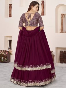 Burgundy Georgette Lehenga Choli Set Zari <b>Sequin</b> Embroidered <b>Flared</b> Skirt and Crop Top for Wedding Party - Product Image 5