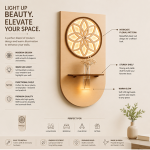 Modern <b>LED</b> Wall Shelf with Floral Laser Cut Design | Decorative Wooden Wall Lamp Shelf for Living Room Bedroom and Home Decor - Product Image 5