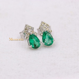 Wholesale 14k White Gold Natural Pear <b>Emerald</b> Geometric Diamond Cluster <b>Stud</b> Earrings Memoria Jewels - Product Image 1