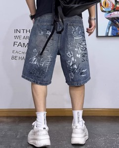 Pantalones Cortos de Mezclilla para Hombre, Estilo Cargo, Vintage, Azules, con Estampado de Grafiti, Desgastados, Rotos, Holgados - Product Image 2