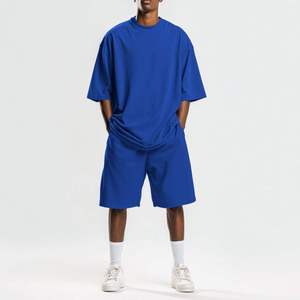 Conjunto de Camiseta y Pantalones Cortos para Hombre, Cuello Redondo, Color Azul Rey, Ropa Casual de Verano, Tejido de Algodón, Color Sólido - Product Image 1