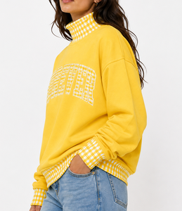 Sweat-shirt à col roulé pour femme, personnalisé OEM, en coton respirant, patchwork à pois et carreaux, grande taille, décontracté - Product Image 3