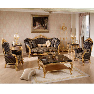 Juego de sofás tallados en negro y dorado Royal para sala de estar, juego de sala de estar de madera maciza de primera calidad, juego de sofás de cinco plazas al por mayor, EE. UU. - Product Image 1